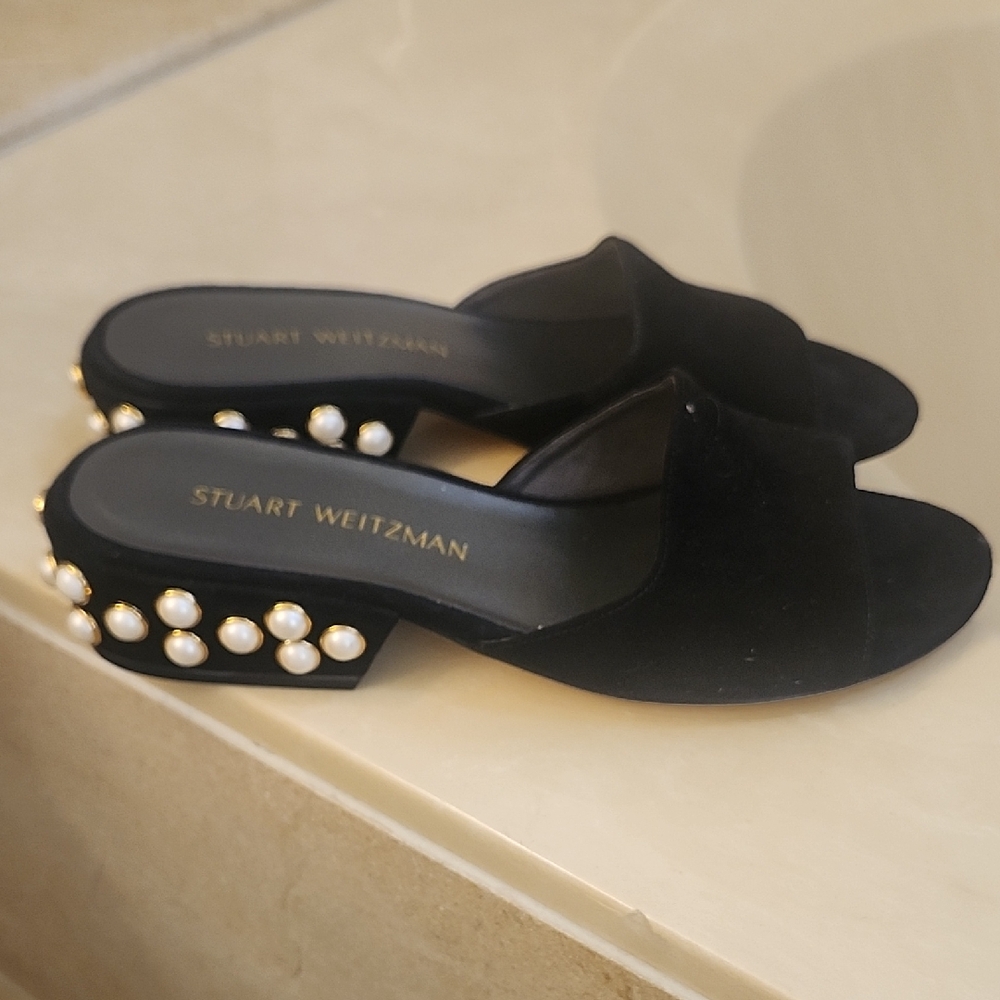 Stuart Weitzman Black Mules with Pearl Accents